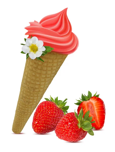 Vanilyalı dondurma ve beyaz arka planda yalıtılmış çilek..