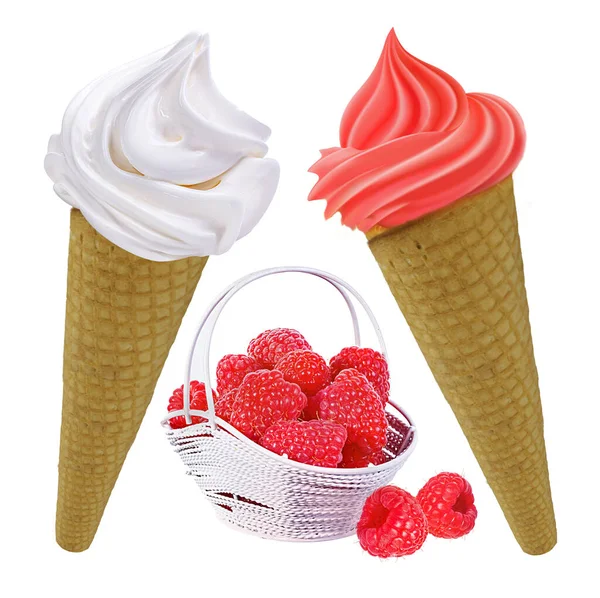 Ice Cream Cones Vanilla Raspberries Isolated White Background — Stock Photo, Image