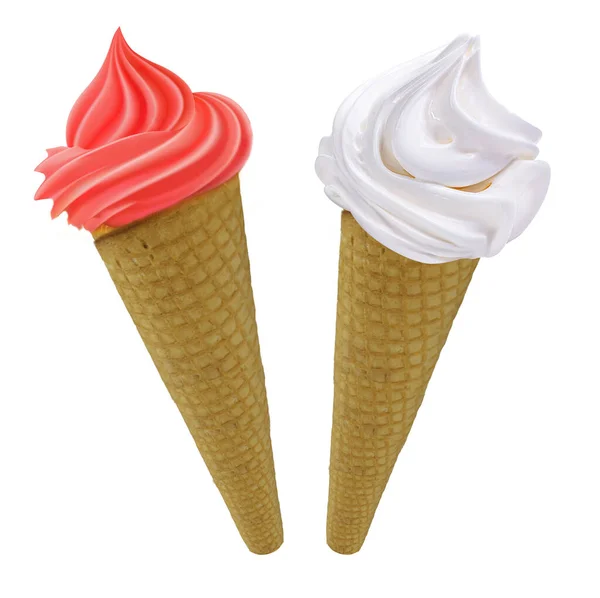 Ice Cream Cones Vanilla Strawberry Isolated White Background — Stock Photo, Image