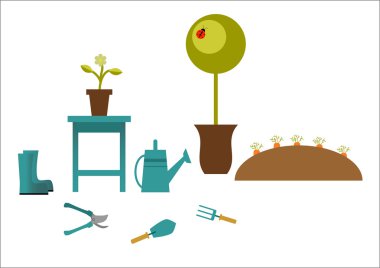 Gri bir arka plan üzerinde bahçecilik aletleri