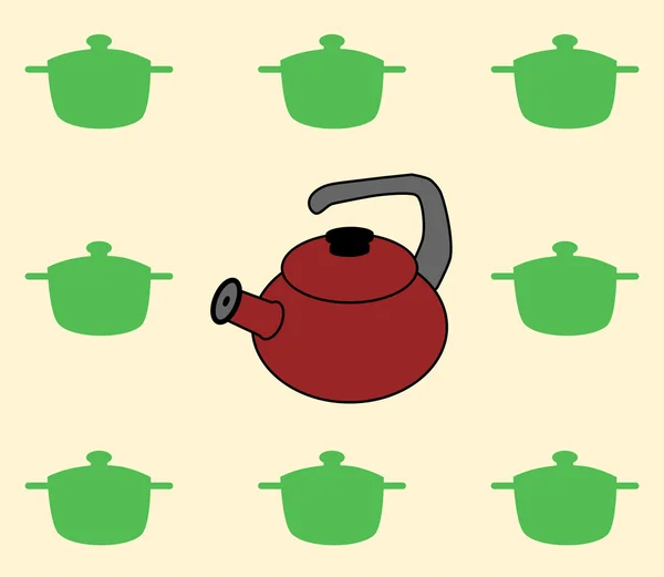 Червоний чайник, зелений горщики. — стоковий вектор