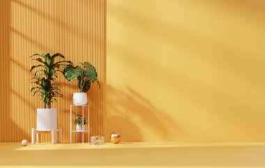 Sarı duvar boş arkaplan mimari için bitki 3D görüntüleme alanı