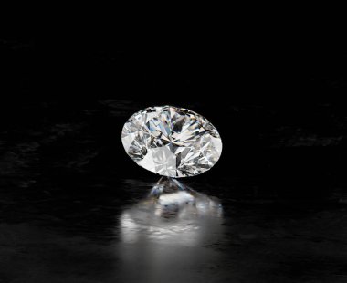 Siyah arkaplana yerleştirilmiş gerçekçi bir elmas yumuşak yansımalı 3D illüstrasyon