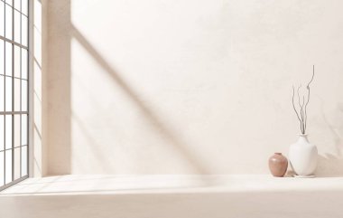 Açık kahverengi duvar boş alan arkaplanı ve mimari için pencere ışığı 3D görüntüleme