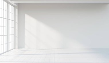 Beyaz duvar boşluk arkaplanını temizler ve mimari için pencere ışığı 3D görüntüler