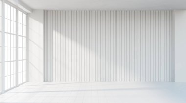 Beyaz duvar boşluk arkaplanını temizler ve mimari için pencere ışığı 3D görüntüler