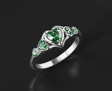 Gümüş Zümrüt Kalp Elmas Yüzük Kara Arkaplanda 3 boyutlu Yapılandırılmış