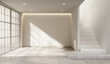 Beyaz Merdiven ve Doğal Güneş Işığı Gölgeleri ile Modern Minimalist İçişleri