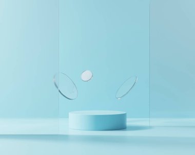 Minimalist Mavi 3D Render Podyumu Yüzen Cam Diskler Ürün Ekranı