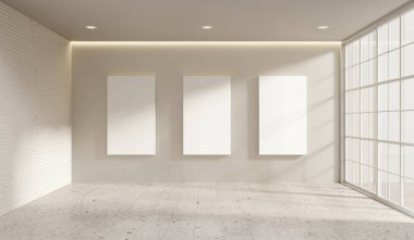 Minimalist Galeri Odası İçi Ağaç Tuvali Poster Model ve Doğal Güneş Işığı 3D