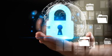 Siber güvenlik kavramı, küresel veri koruması ve güvenli ağları, gizlilik sistemlerini ve güvenli bilgi yönetimi için gelecekteki teknolojiyi temsil eden dijital güven kavramı.