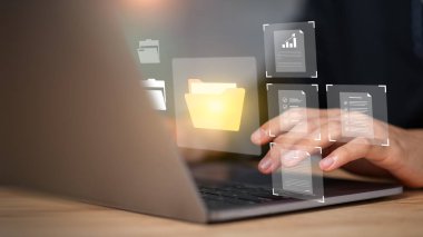 Kusursuz dijital dosya etkileşimini ve yapılandırılmış bulut organizasyonunu gösterme, akıllı veri akışını sembolize etme, güvenli bilgi yönetimi, modern iş operasyonları için optimize edilmiş belge süreçleri