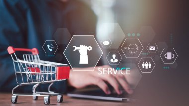 Alışveriş arabası ve sanal destek simgeleriyle çevrimiçi hizmet kavramı, müşteri hizmetlerini sembolize eden, teknik destek, sipariş yardımı, dijital ticaret iş akışı, akıllı e-ticaret hizmeti yönetimi.
