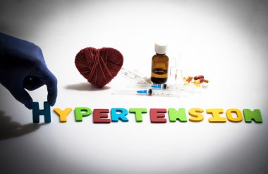 Beyaz arka plan üzerinde el ve hipertansiyon kelime