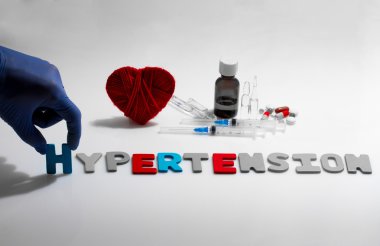 Beyaz arka plan üzerinde el ve hipertansiyon kelime