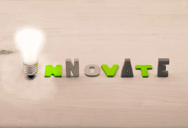 Концепция инновации. Лампа и слово инновации на деревянном фоне — стоковое фото