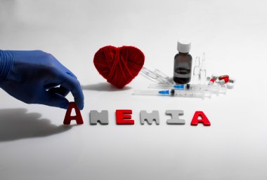 Beyaz arka plan üzerinde el ve anemi kelime