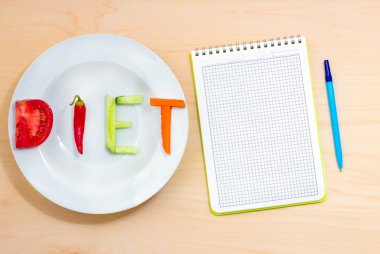 farklı sebze ahşap bir masa üzerinde kelime diyet ile beyaz plaka