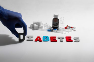 Beyaz arka plan üzerinde el ve diyabet kelime