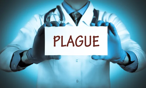 O doutor guarda um cartão com o nome do diagnóstico - peste — Fotografia de Stock