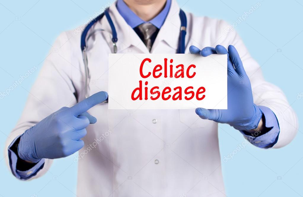 Doctor keeps a card with the name of the diagnosis - celiac disease