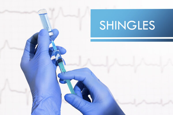 Stop shingles. Syringe is filled with injection. Syringe and vaccine