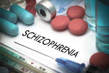 Şizofreni. Hastalığın tedavisi ve önlenmesi. Şırınga ve aşı. Tıbbi konsept. Seçici odaklama