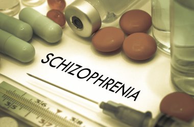 Şizofreni. Hastalığın tedavisi ve önlenmesi. Şırınga ve aşı. Tıbbi konsept. Seçici odaklama