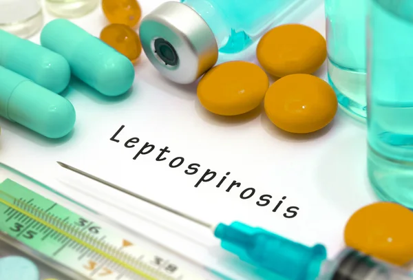Лептоспироз - диагноз, написанный на белом листе бумаги. Шприц и вакцина с лекарствами — стоковое фото