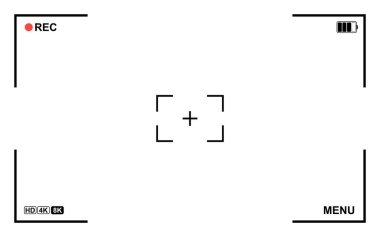 Kayıt göstergeleri, odaklanma işaretleri, batarya durumu ve çözünürlük simgeleriyle minimal kamera görüntüleyici arayüzü. Video üretimi, film kavramları ve ortam şablonları için uygun temiz boş çerçeve tasarımı.