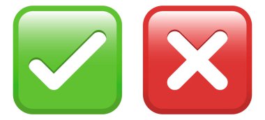 Yeşil onay işareti emoji simgesi ve kırmızı çarpı işareti simgesi, onay ve inkar düğmesi işaretleri. Beyaz kene ve beyaz X işaretli parlak kare semboller. İzole vektör çizimi. İşaret simgesini işaretle. Kızıl haç sembolü. Yanlış simgeleri düzelt. UI geribildirim