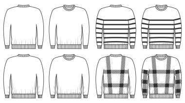 Önden ve arkadan gösterilen boş ve desenli eşofman altı çizimleri. Düz, çizgili ve ekoseli stil içerir, talep üzerine yazdırma için mükemmel, giyim modelleri, moda şablonları, ve tasarım özelleştirme.