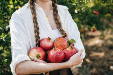 Bahçede yeni toplanmış nar tutan kadın örgülü saç stili ve beyaz bluzlu..