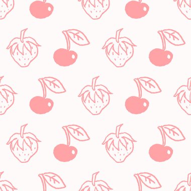 Açık pembe renkte kiraz ve çilekli yumuşak minimalist, pürüzsüz desen. Çocuk dekorasyonu, duvar kağıdı dijital kağıt kırtasiyesi ve kadınsı markalaşma projeleri için temiz ve modern stil.