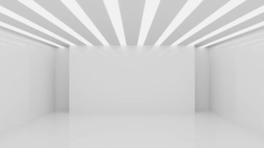 Beyaz, temiz, boş mimari iç mekan stüdyo arka plan duvar ürünleri minimalistik. 3d oluşturma.