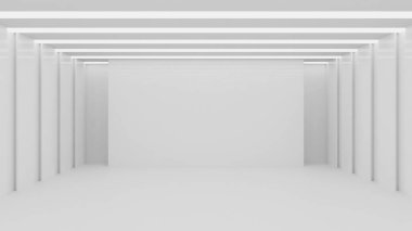 Beyaz, temiz, boş mimari iç mekan stüdyo arka plan duvar ürünleri minimalistik. 3d oluşturma.