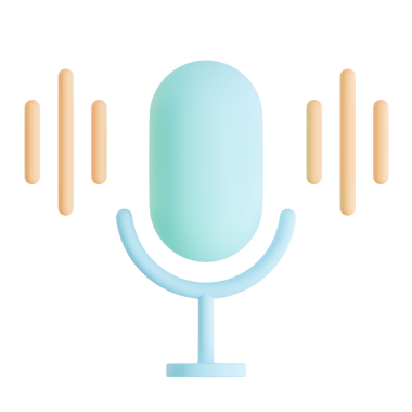 Üç boyutlu ses dalgalı şirin bir mikrofon ikonu. Podcast, ses asistanı ve kayıt uygulamaları için minimalist pastel mavi ve turuncu ses sembolü. Kullanıcı Arayüzü için yüksek kaliteli yumuşak parlatıcı.