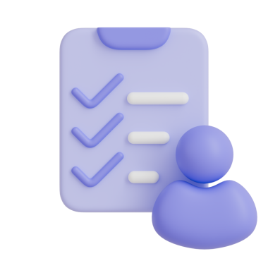 3D clipboard checklist icon with user profile, purple task management and survey concept.