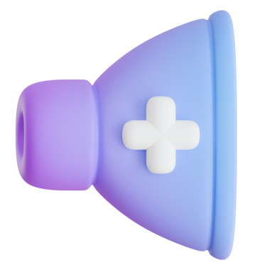 Beyaz artı işaretli, ses seviyelerindeki artışı temsil eden üç boyutlu bir mor ve mavi hacim simgesi..