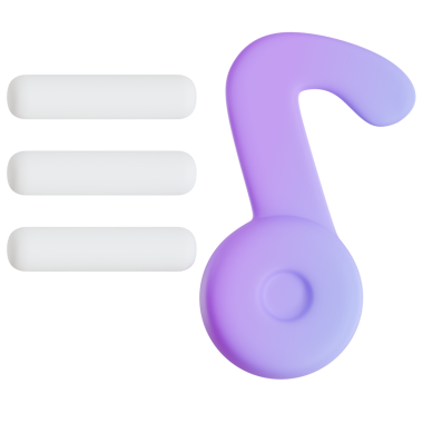 Ses eğlencesini, şarkı akışını ve yaratıcı dijital ses üretimini temsil eden üç boyutlu mor ve mavi renkli bir müzik ikonu..