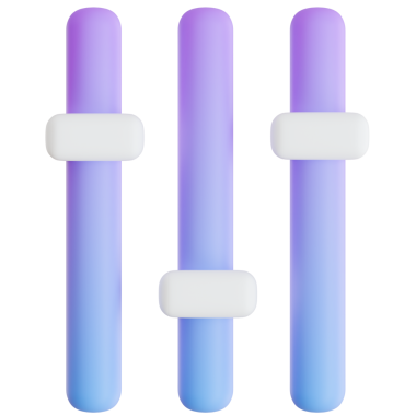 Beyaz ayarlama düğmeleri temiz beyaz arkaplanda izole edilmiş mor gradyan ses karıştırıcı kaydırıcılarının profesyonel 3D yorumlayıcısı.