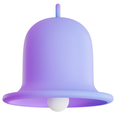 Pürüzsüz mor ve mavi gradyan kaplamalı ve içinde beyaz bir alkış olan bir minimalist 3D uyarı çan simgesi.