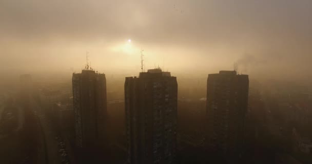 Сильный туман над городом с воздуха — стоковое видео