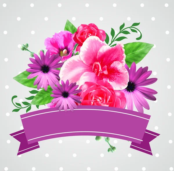 Όμορφα λουλούδια σύνθεση στεφάνι κάρτα — Φωτογραφία Αρχείου