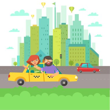 Happy people in a taxi cab a