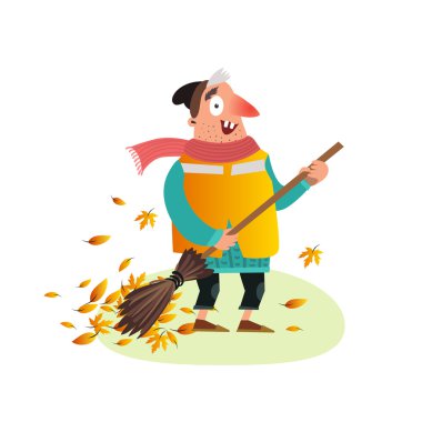 Happy Yardman sweeping autumn leaves clipart