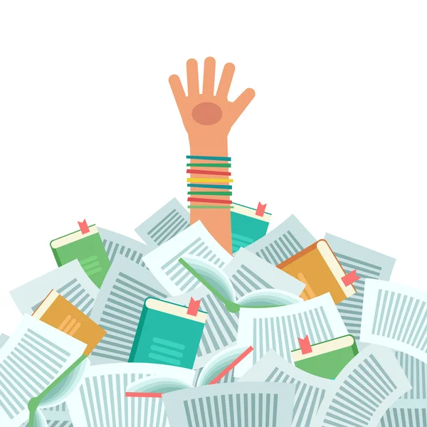 Montón de libros y estudiante abrumado — Vector de stock