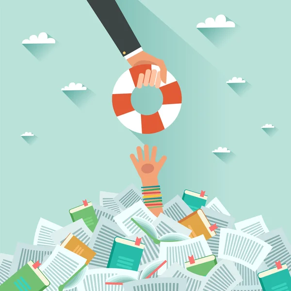 Pile of books and Overwhelmed student — Stock Vector