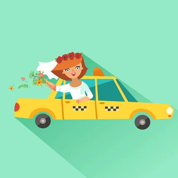 Taxi cab with stylish bride — Stock Vector