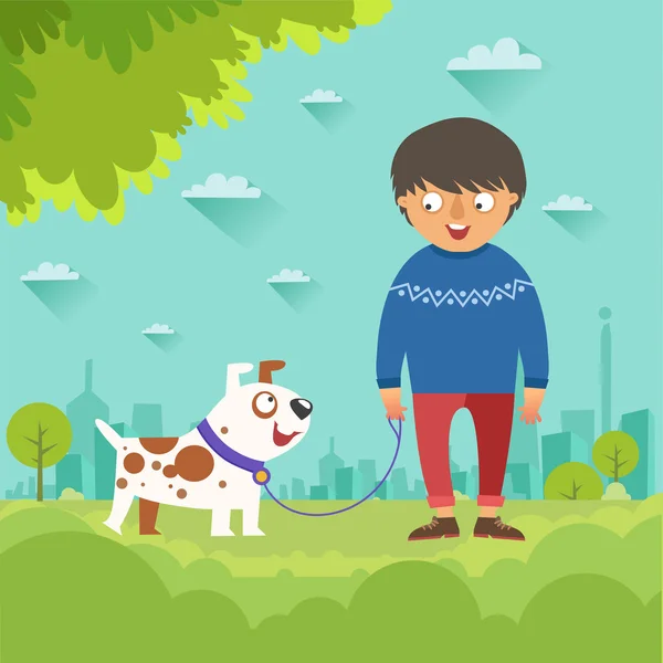 Niño caminando su lindo perro — Vector de stock